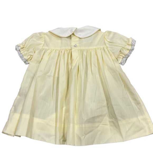 Polly Flinders Vintage Baby Dress Yellow White Lace Trim & Smocking 6-12 Months - Picture 4 of 8